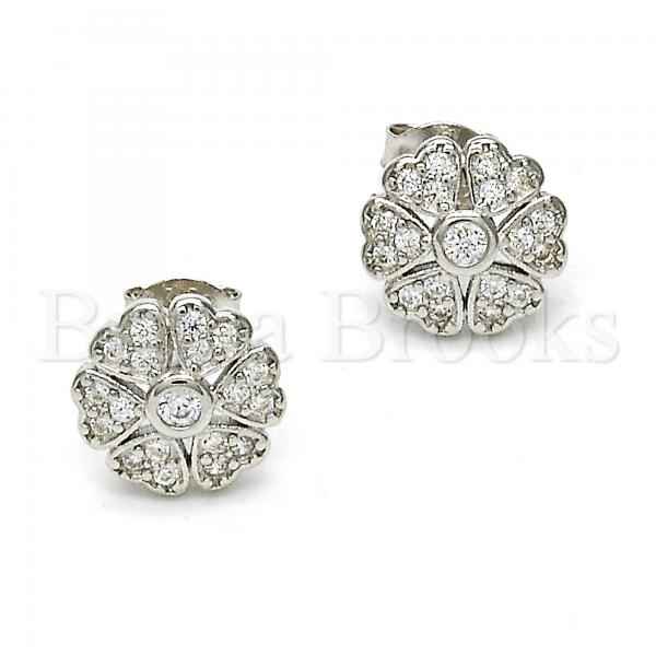 Sterling Silver 02.285.0004 Stud Earring, Flower Design, with White Cubic Zirconia, Polished Finish, Rhodium Tone