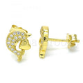 Sterling Silver Stud Earring, Dolphin and Heart Design, with Micro Pave, Golden Tone