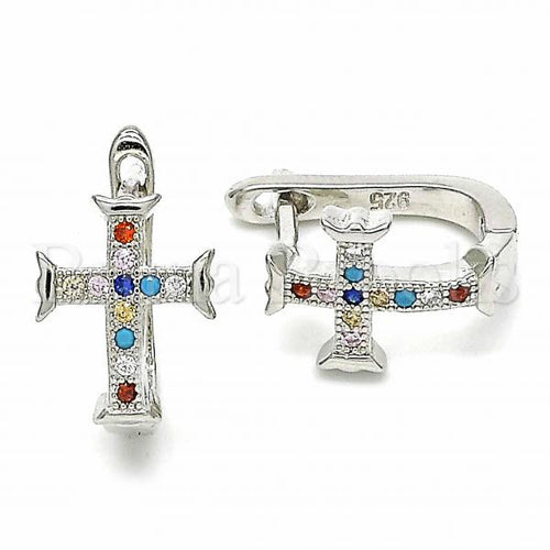 Bruna Brooks Sterling Silver 02.186.0191.12 Huggie Hoop, Cross Design, with Multicolor Micro Pave, Polished Finish, Rhodium Tone