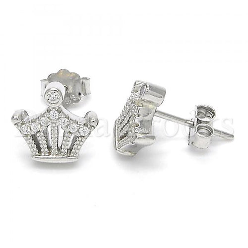 Sterling Silver Stud Earring, Crown Design, with Cubic Zirconia, Rhodium Tone