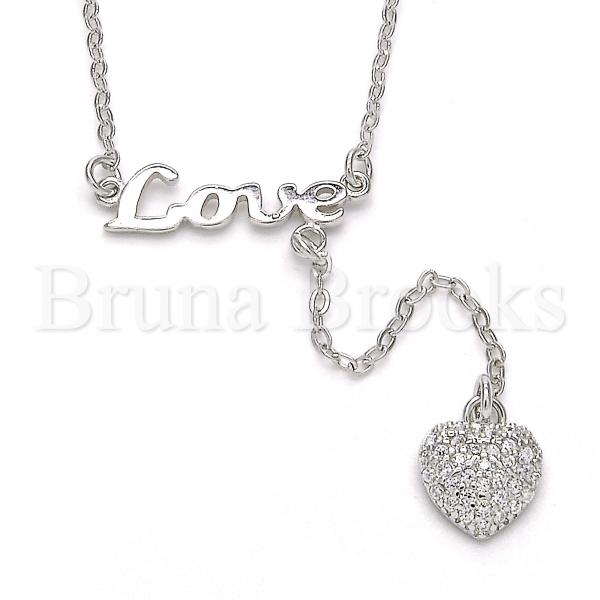 Sterling Silver Fancy Necklace, Love and Heart Design, with Micro Pave, Rhodium Tone