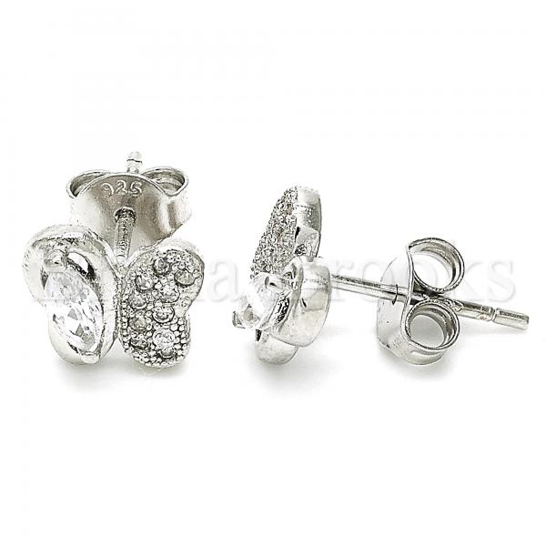 Sterling Silver Stud Earring, Butterfly Design, with Cubic Zirconia, Rhodium Tone