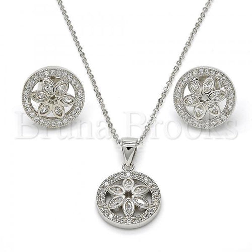 Bruna Brooks Sterling Silver 10.174.0239 Earring and Pendant Adult Set, Flower Design, with White Micro Pave and White Cubic Zirconia, Polished Finish, Rhodium Tone