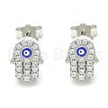 Sterling Silver Stud Earring, Hand of God and Greek Eye Design, with Crystal, Rhodium Tone