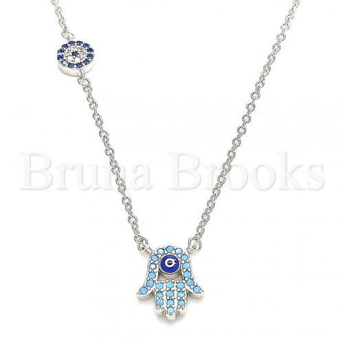 Bruna Brooks Sterling Silver 04.336.0222.16 Fancy Necklace, Hand of God and Greek Eye Design, with Turquoise Cubic Zirconia and Sapphire Blue Micro Pave, Blue Enamel Finish, Rhodium Tone