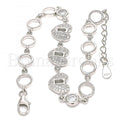 Sterling Silver Fancy Bracelet, Heart and Lock Design, with Cubic Zirconia, Rhodium Tone