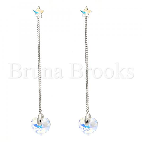 Rhodium Plated Long Earring, Heart and Star Design, with Swarovski Crystals, Rhodium Tone