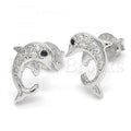 Sterling Silver Stud Earring, Dolphin Design, with Cubic Zirconia, Rhodium Tone