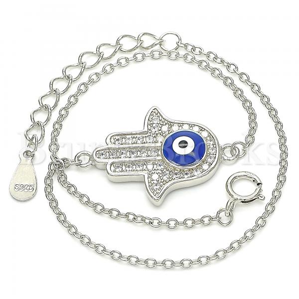 Sterling Silver 03.336.0061.08 Fancy Bracelet, Hand of God and Greek Eye Design, with White Micro Pave, Blue Enamel Finish, Rhodium Tone