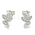 Sterling Silver Stud Earring, Leaf Design, with Crystal, Rhodium Tone