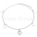 Sterling Silver Charm Anklet , Moon and Star Design, with Cubic Zirconia, Rhodium Tone
