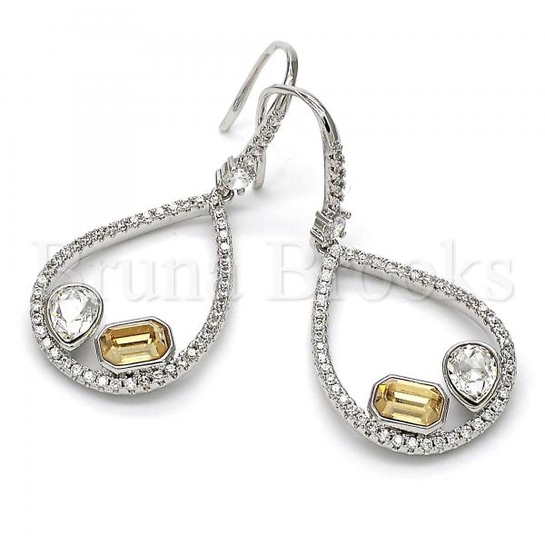 Rhodium Plated 02.26.0148 Dangle Earring, Teardrop Design, with Crystal and Golden Shadow Swarovski Crystals, Polished Finish, Rhodium Tone