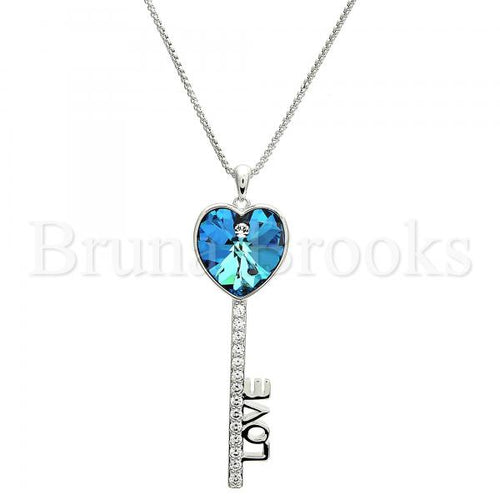 Rhodium Plated Fancy Necklace, key and Love Design, with Swarovski Crystals and Cubic Zirconia, Rhodium Tone