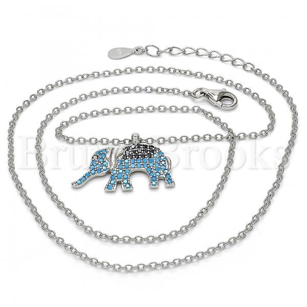 Sterling Silver 04.336.0067.16 Fancy Necklace, Elephant Design, with Black and Turquoise Micro Pave, Polished Finish, Rhodium Tone
