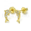 Sterling Silver Stud Earring, Dolphin Design, with Micro Pave, Golden Tone