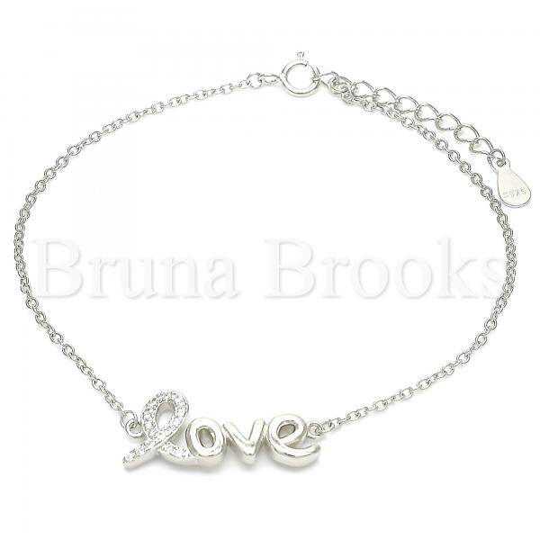Sterling Silver Fancy Bracelet, Love Design, with Crystal, Rhodium Tone