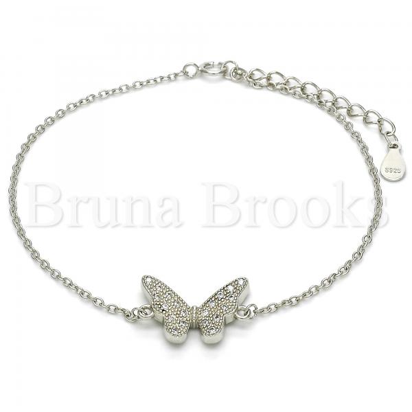 Sterling Silver Fancy Bracelet, Butterfly Design, with Micro Pave, Rhodium Tone