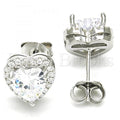 Sterling Silver Stud Earring, Heart Design, with Cubic Zirconia and Crystal, Rhodium Tone