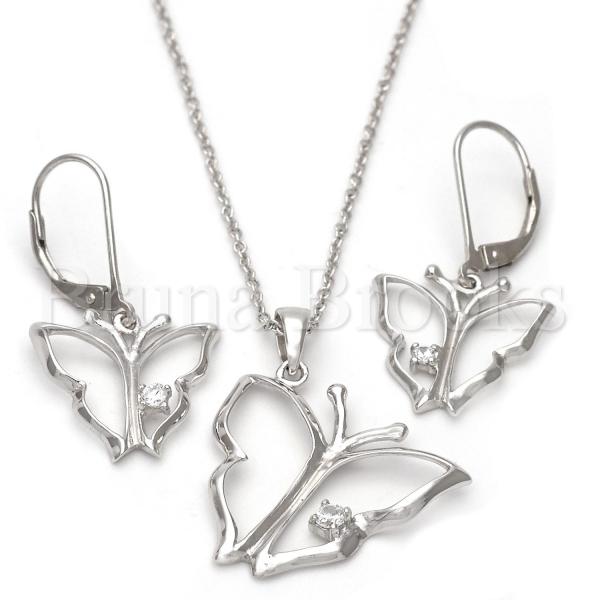 Bruna Brooks Sterling Silver 10.174.0085.18 Earring and Pendant Adult Set, Butterfly Design, with White Crystal, Polished Finish, Rhodium Tone