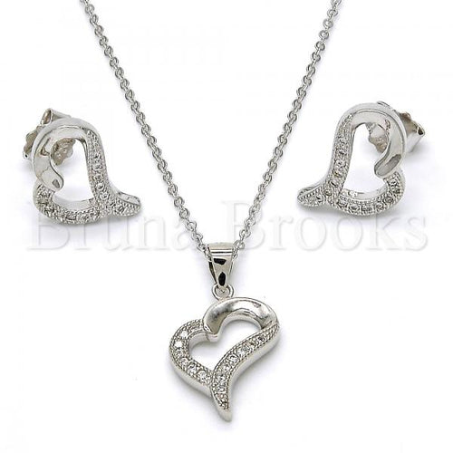 Bruna Brooks Sterling Silver 10.174.0267 Earring and Pendant Adult Set, Heart Design, with White Micro Pave, Polished Finish, Rhodium Tone