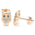 Sterling Silver Stud Earring, Owl Design, with Cubic Zirconia, Rhodium Tone