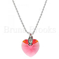 Rhodium Plated Fancy Necklace, Heart and Rat Tail Design, with Swarovski Crystals and Crystal, Rhodium Tone