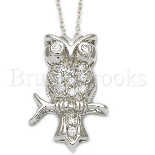 Bruna Brooks Sterling Silver 10.174.0153.18 Fancy Necklace, Owl Design, with White Crystal, Polished Finish, Silver Tone