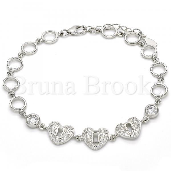 Sterling Silver Fancy Bracelet, Heart and Lock Design, with Cubic Zirconia, Rhodium Tone