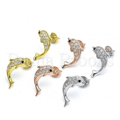 Sterling Silver Stud Earring, Dolphin Design, with Cubic Zirconia, Rhodium Tone