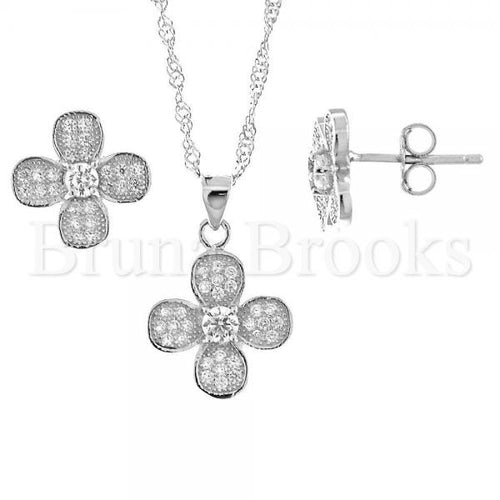 Bruna Brooks Sterling Silver 10.174.0062 Earring and Pendant Adult Set, Flower Design, with White Micro Pave and White Cubic Zirconia, Rhodium Tone