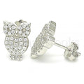 Sterling Silver Stud Earring, Owl Design, with Crystal, Rhodium Tone