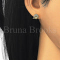 Sterling Silver Stud Earring, Dolphin and Heart Design, with Micro Pave, Golden Tone