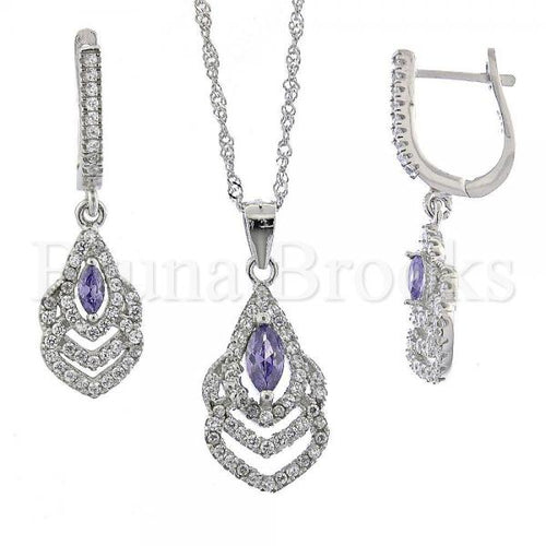 Bruna Brooks Sterling Silver 10.174.0017 Earring and Pendant Adult Set, with White Micro Pave and Amethyst Cubic Zirconia, Rhodium Tone