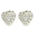 Sterling Silver Stud Earring, Heart and Love Design, with Micro Pave, Rhodium Tone