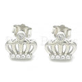 Sterling Silver Stud Earring, Crown Design, with Cubic Zirconia and Crystal, Rhodium Tone