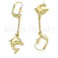 Gold Layered 02.32.0548 Long Earring, Dolphin Design, with White Platina Swarovski Crystals, Polished Finish, Golden Tone