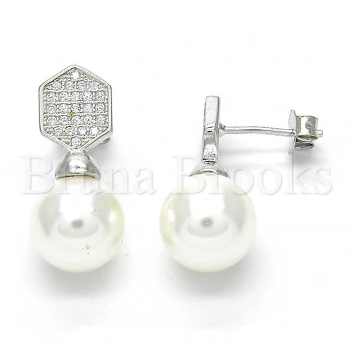 Bruna Brooks Sterling Silver 02.186.0071 Stud Earring, with Ivory Pearl and White Micro Pave, Polished Finish, Rhodium Tone