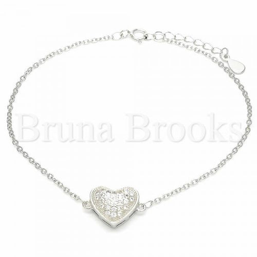Bruna Brooks Sterling Silver 03.336.0094.07 Fancy Bracelet, Heart Design, with White Cubic Zirconia, Polished Finish, Rhodium Tone