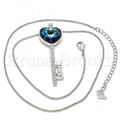 Rhodium Plated Fancy Necklace, key and Love Design, with Swarovski Crystals and Cubic Zirconia, Rhodium Tone
