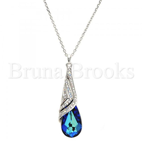 Rhodium Plated Fancy Necklace, Teardrop and Rolo Design, with Swarovski Crystals, Rhodium Tone