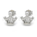 Sterling Silver Stud Earring, Crown Design, with Cubic Zirconia, Rhodium Tone