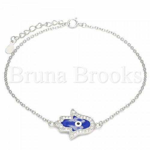 Bruna Brooks Sterling Silver 03.336.0072.07 Fancy Bracelet, Hand of God and Greek Eye Design, with White Micro Pave, Blue Enamel Finish, Rhodium Tone