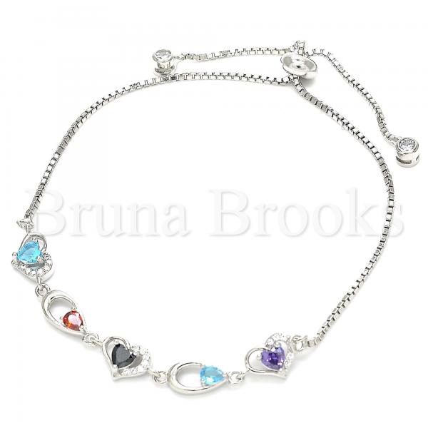 Sterling Silver 03.175.0003.11 Fancy Bracelet, Heart and Teardrop Design, with Multicolor Cubic Zirconia, Polished Finish, Rhodium Tone