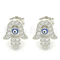 Sterling Silver Stud Earring, Hand of God and Greek Eye Design, with Crystal, Rhodium Tone