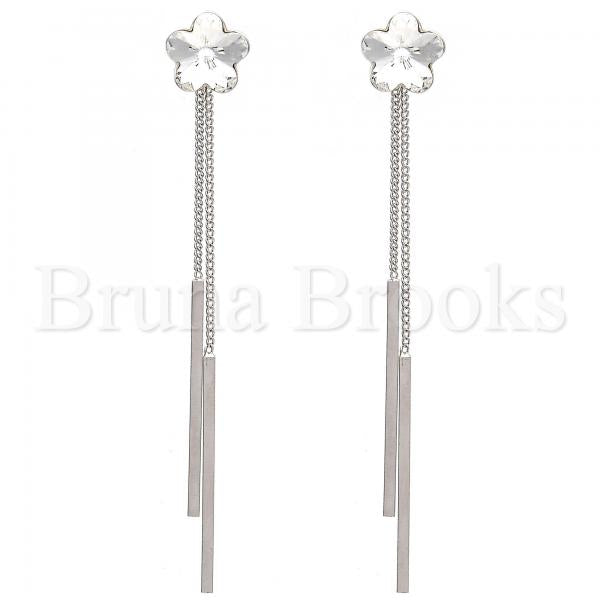 Rhodium Plated Long Earring, Flower Design, with Swarovski Crystals, Rhodium Tone