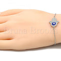 Sterling Silver 03.336.0061.08 Fancy Bracelet, Hand of God and Greek Eye Design, with White Micro Pave, Blue Enamel Finish, Rhodium Tone