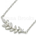 Sterling Silver Fancy Necklace, Leaf Design, with Cubic Zirconia, Rhodium Tone