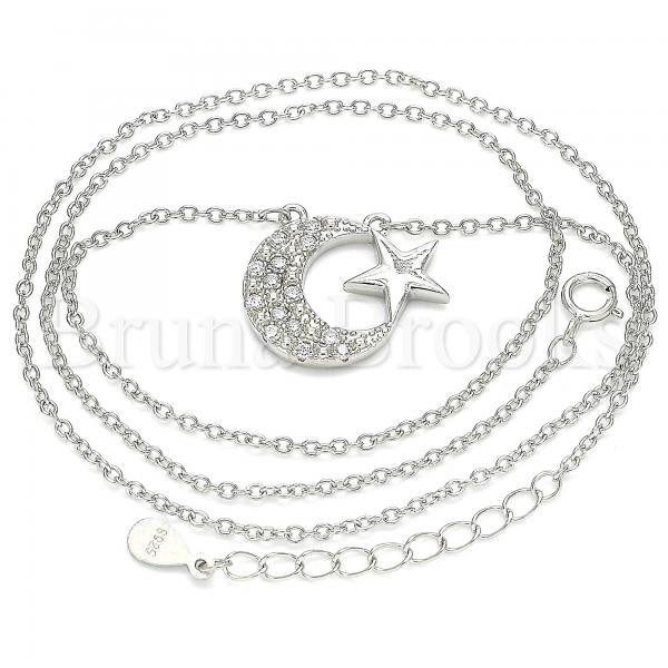 Sterling Silver 04.336.0179.16 Fancy Necklace, Moon and Star Design, with White Crystal, Polished Finish, Rhodium Tone