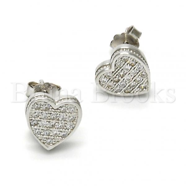 Sterling Silver 02.175.0098 Stud Earring, Heart Design, with White Micro Pave, Polished Finish, Rhodium Tone