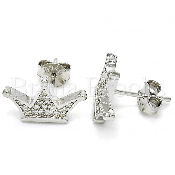 Sterling Silver Stud Earring, Crown Design, with Micro Pave, Rhodium Tone